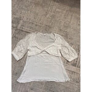 Lace Sleeve Blouse Top White Knot Front Square Neck Summer‎ Women's